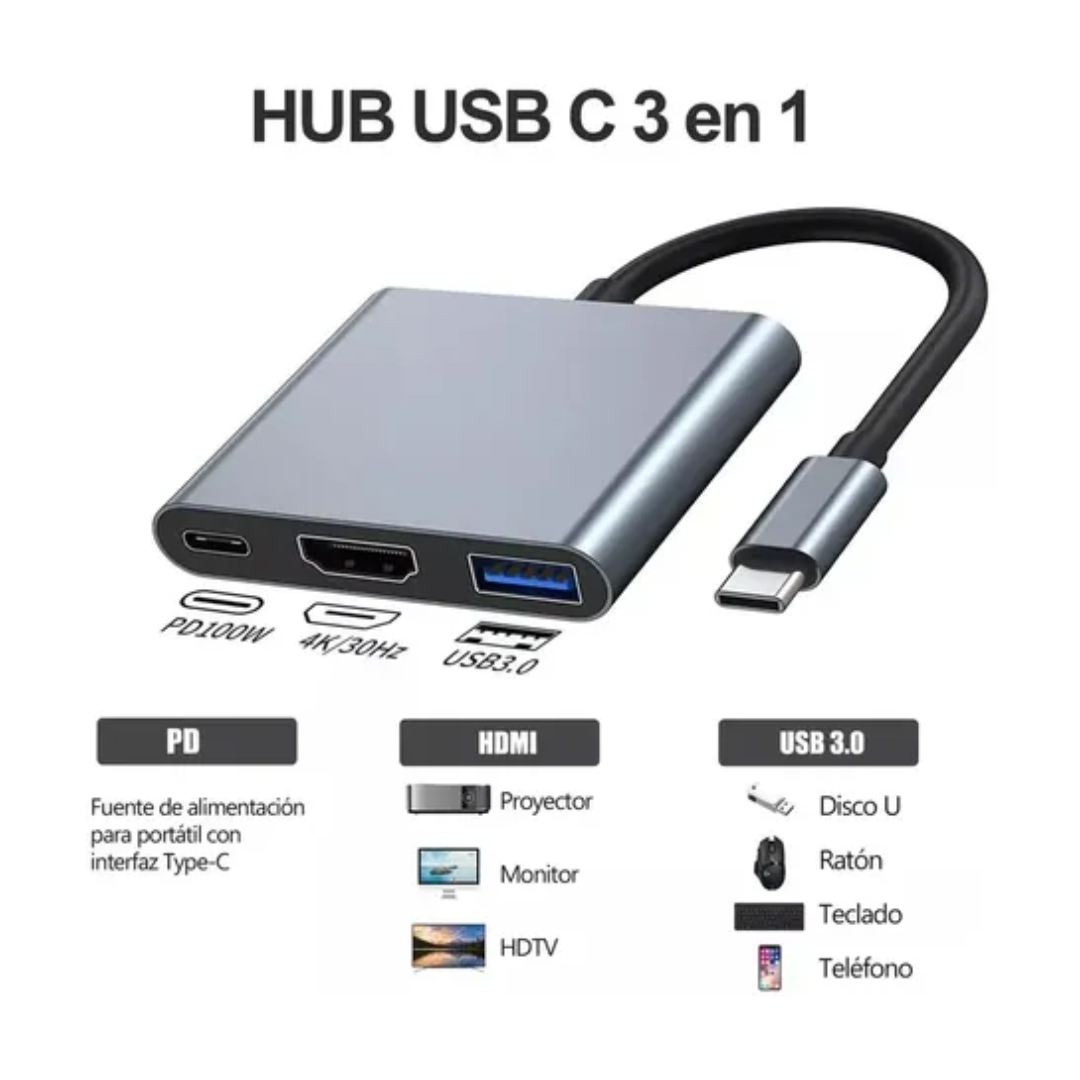 Adaptador Hub USB Tipo C a HDTV 3 en 1 (HDMI 4K / USB 3.0 / Tipo C PD) - Imagen 2