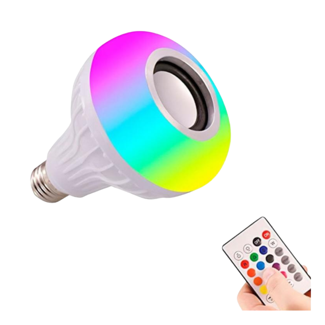 Lámpara Foco LED RGB 12W con Parlante Bluetooth y Control Remoto (Rosca E27)